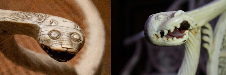 Details of the arms of the ivory chairs. On the left, an arm that ends with the ehead of a tiger. On the right, another that resembles a snake, bearing its teeth..