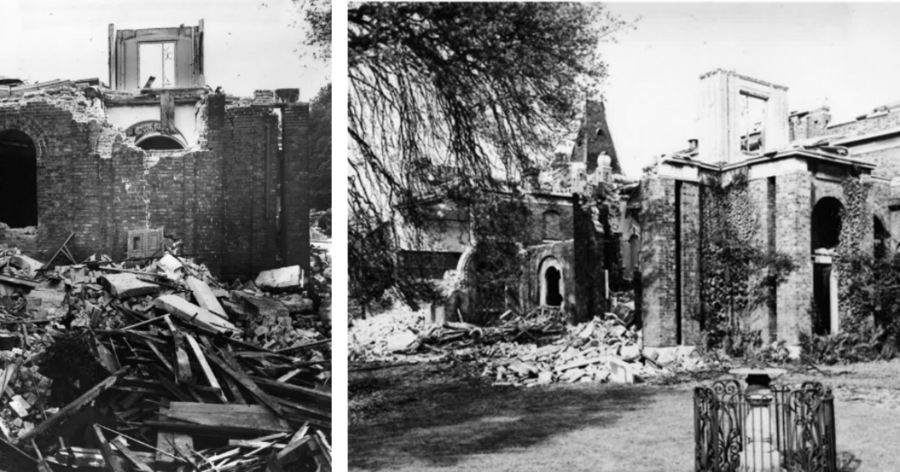 Black and white photo of bomb damage at Dulwich Picture Gallery and the mausoleum and south-west side