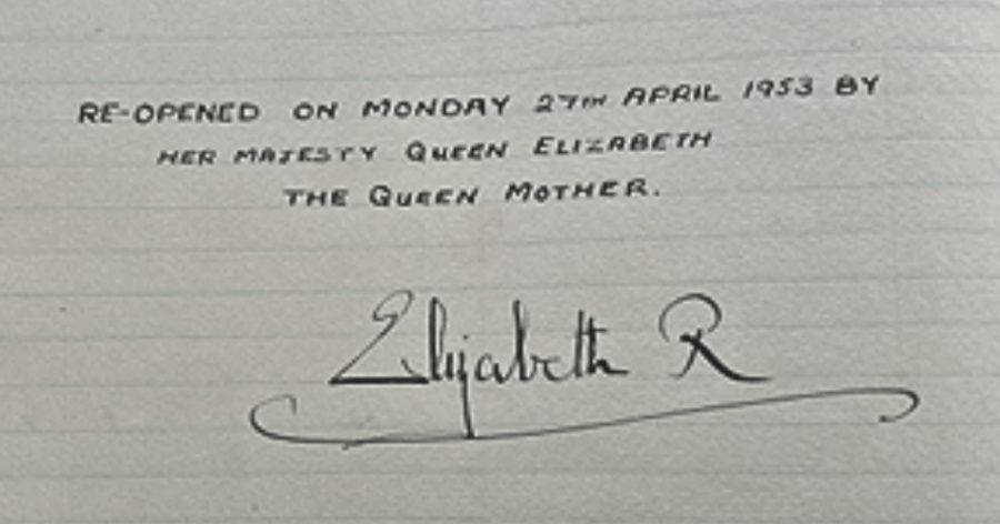 A handwritten signature from the Queen Mother, detailing her visit to the Dulwich Picture Gallery
