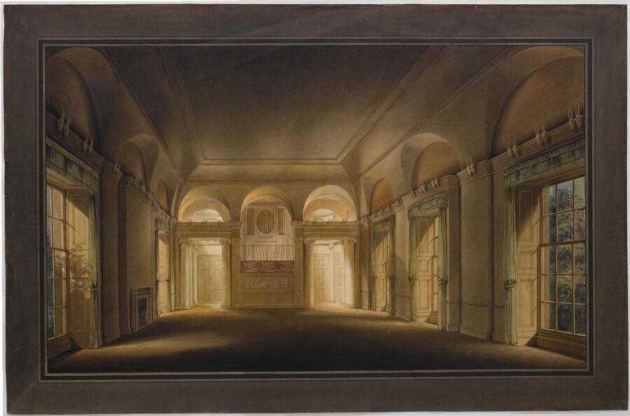 Drawing of interiors of a music room in Bentley Priory