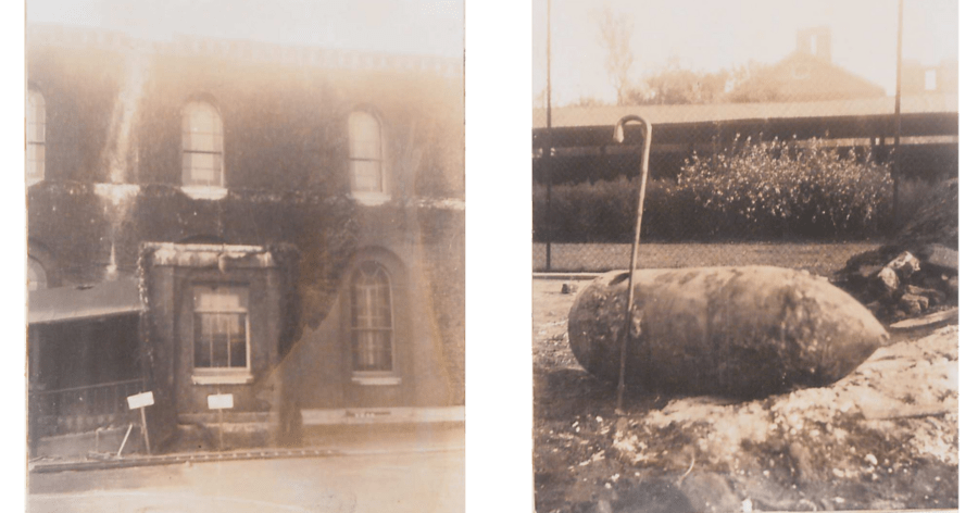 Sepia photos from 1940, showing a building grazed by a bomb, and a HE bomb on a tennis court with a walking stick next to it for perspective.
