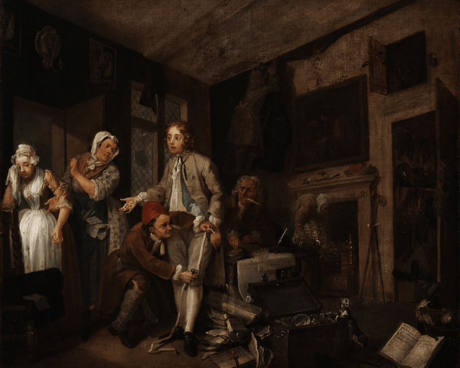 William Hogarth, A Rake’s Progress I: The Heir, oil on canvas, 1734 (SM P40)
