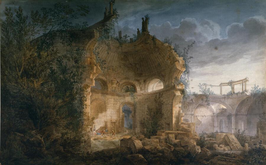 A watercolour of a building in ruins