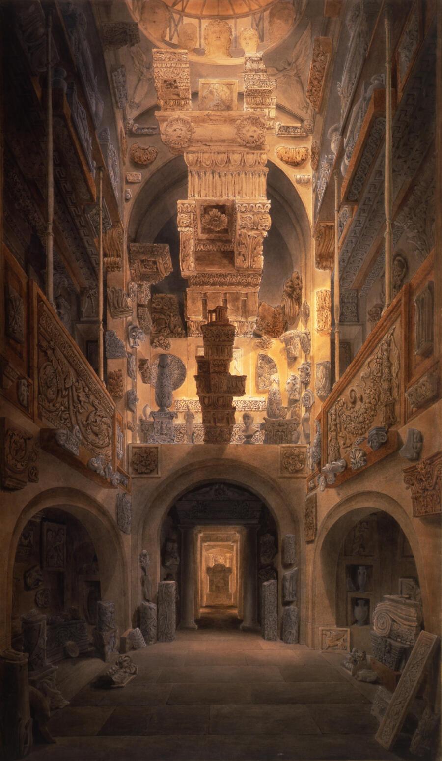 Joseph Michael Gandy, view of the Dome area at 13 Lincoln’s Inn Fields at night, looking east, watercolour on paper, 1811 (SM P384)