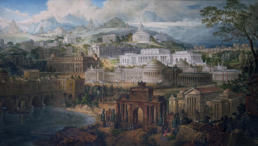 watercolour drawing of lots of buildings among mountains