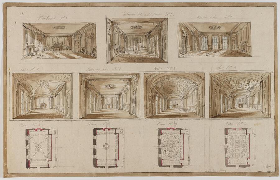 variant watercolour drawings, designs for the ceiling of State Dining Room, No.10 Downing Street on paper 