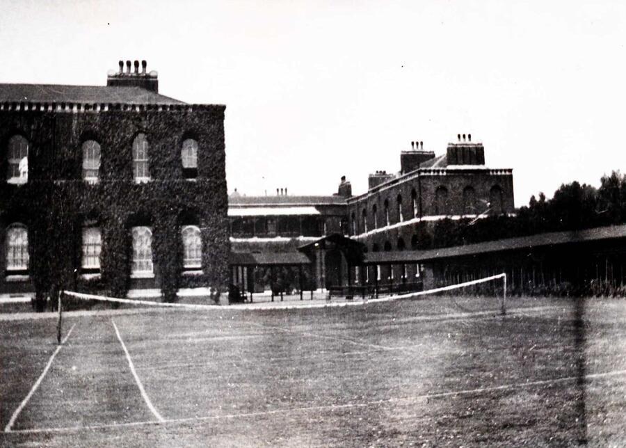Black and white photo of an infirmary building