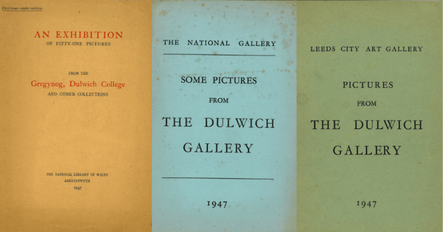 Three exhibition catalogues from Dulwich Picture Gallery archive, in orange, blue and green