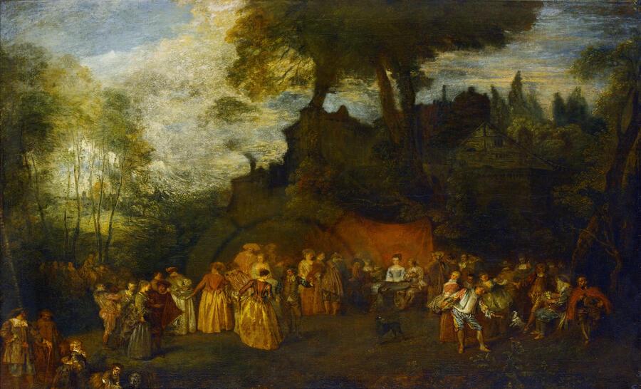 oil painting of lots of figures in a landscape row outdoors, appearing to be in some sort of festivities