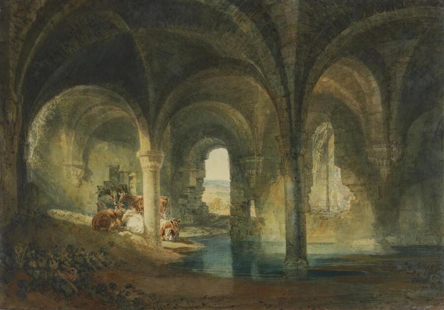 A painting with a green yellow tinge of the refectory at KIrkstall Abbey.