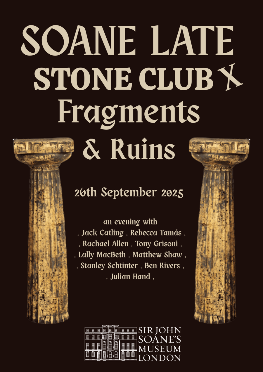 A dark background with a picture of a cork model of a Roman column either side of the event title