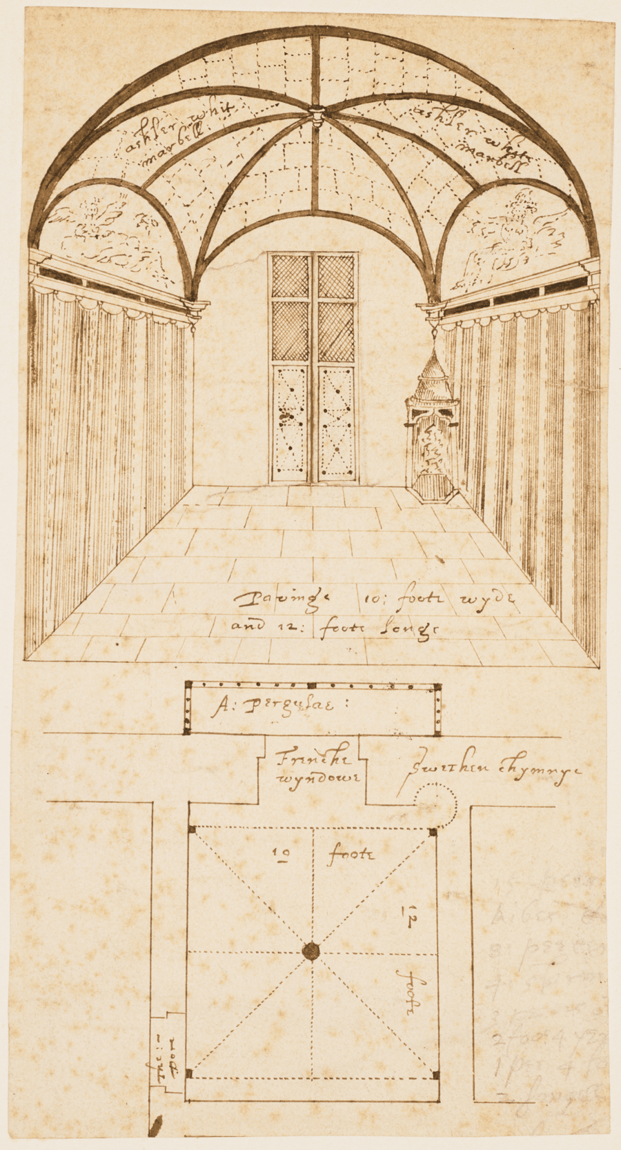"Architectural drawing on aged, off-white paper showing a vaulted room in perspective view above and a labeled floor plan below