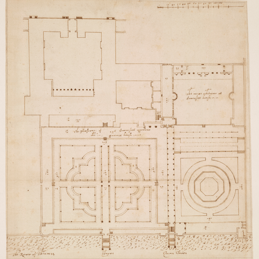 ink on paper, Architectural floor plan of a formal garden featuring symmetrical quadrants, a circular structure with concentric rings and an octagonal center, annotated with handwritten labels