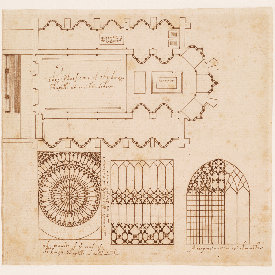 A drawing on ages paper of a floorplan for a chapel, and different ornate designs for stained glass windows, with small annotations.
