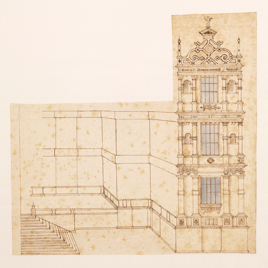 Architectural drawing of a building facade featuring ornate upper decorations, large windows, and steps leading to a raised entrance platform, with perspective lines indicating depth and surrounding layout.