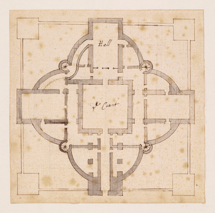 Architectural floor plan on aged, off-white paper showing a symmetrical building layout centered around a courtyard