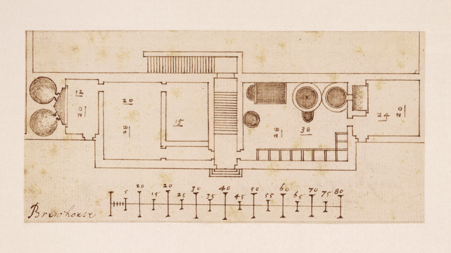 Architectural floor plan on aged, off-white paper labeled 'Brew house', showing a detailed layout of rooms and brewing equipment. Drawn in black ink with fine linework, the plan includes numbered elements such as large circular vats and smaller vessels, with measurements along the bottom edge