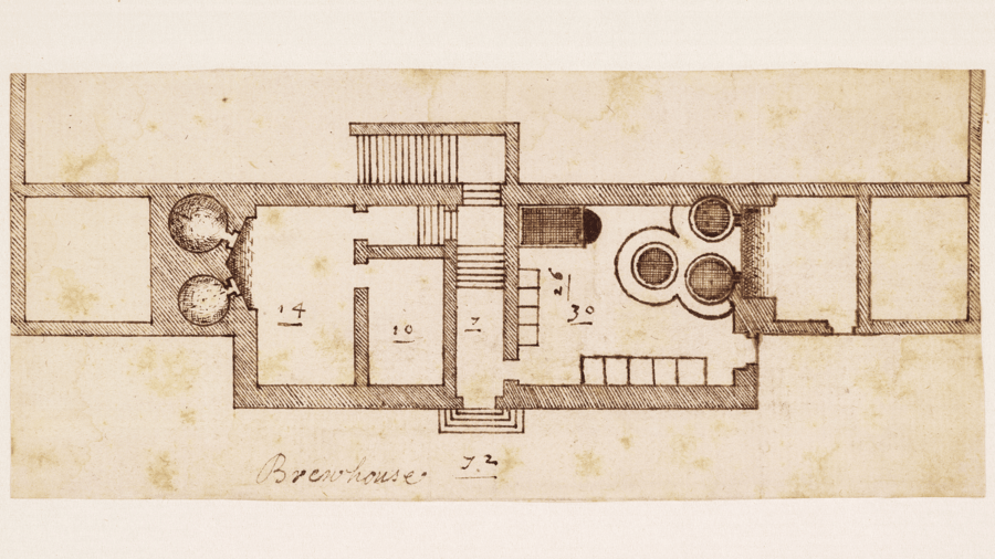 Drawing on aged paper of a floorplan for a brewing house. 