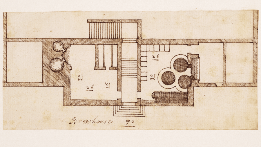 Drawing on aged paper, showing a floorplan for a brewing house