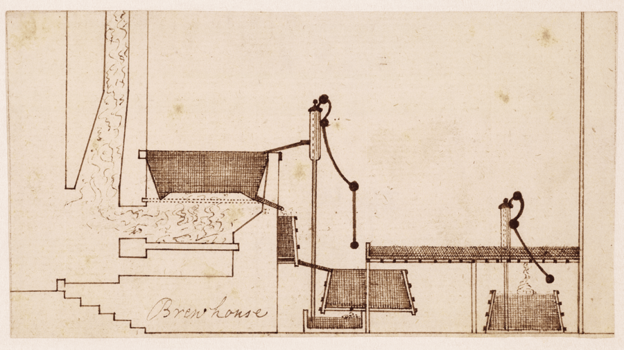 Drawing on aged paper showing equipment for a brewing house, including 2 mechanisms, which look like pumps. The word Brewhouse is written at the bottom of the page