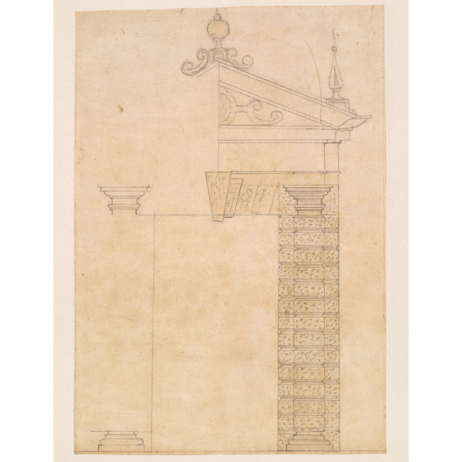 pencil Architectural drawing of a classical column topped with an entablature and ornate pediment