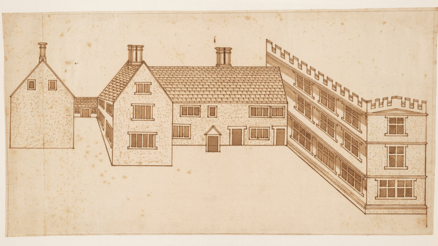 Ink drawing on paper. Architectural drawing of a building complex with three connected structures: a central two-story building with a gabled roof and chimneys, a smaller building on the left, and a larger, crenellated three-story structure on the right