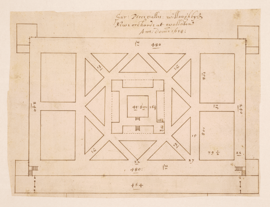 Architectural plan on aged, off-white paper showing the layout of an orchard. The drawing features geometric shapes including rectangles and triangles, with dimensions marked in feet, drawn in black ink with handwritten annotations.