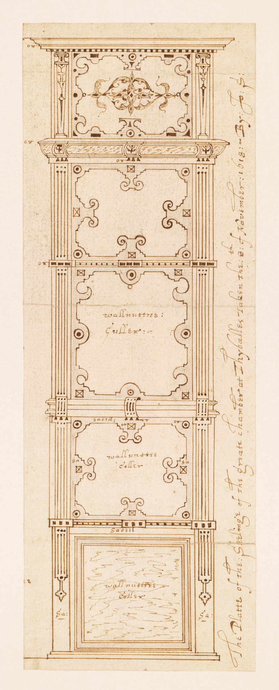 Architectural drawing of a panelling with handwritten notes identifying materials and design elements