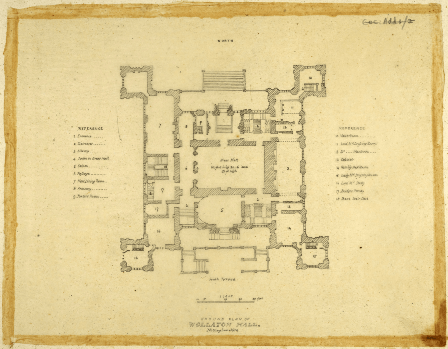  Architectural floor plan of Wollaton Hall in Nottinghamshire, drawn in black and white on aged tracing paper. The layout is labeled with key areas including Entrance, Lobby, Great Hall, Saloon, Gallery, Drawing Room, and Dining Room. 