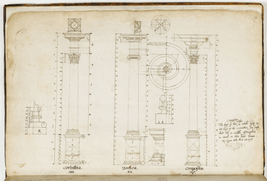 Architectural drawing on aged, off-white paper showing three classical column styles—Corinthian, Ionic, and Composite—each labeled and precisely measured. The columns are drawn in black ink with fine linework, featuring detailed capitals, bases, and shafts. Additional geometric diagrams and handwritten annotations appear on the right side