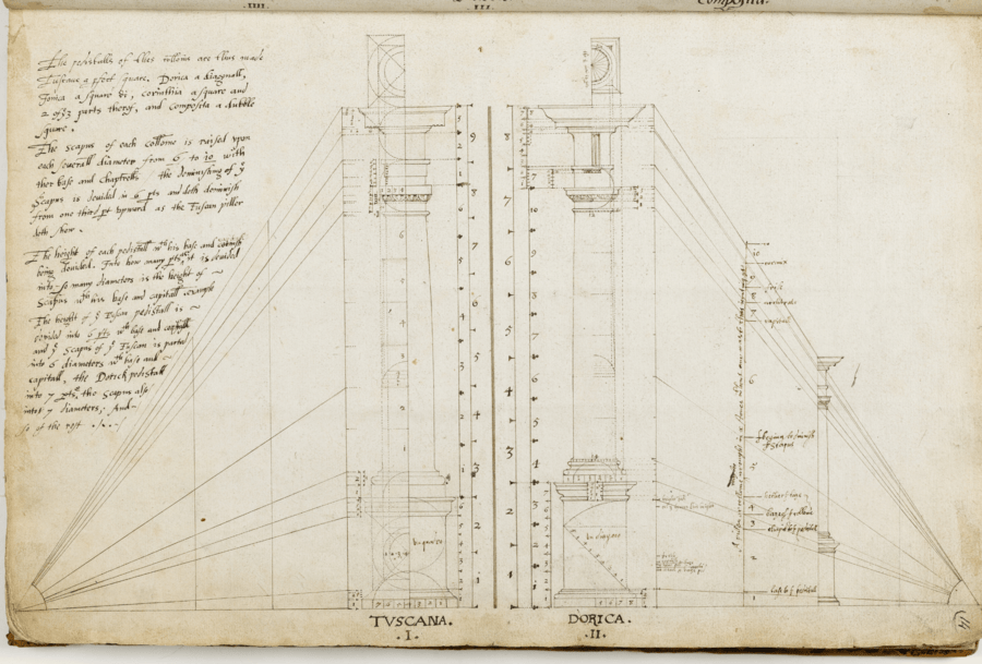 Architectural drawing on aged, off-white paper showing two classical columns labeled 'TUSCANA' and 'DORICA'. The columns are illustrated in black ink with fine linework, including detailed measurements and proportional guides. Handwritten Italian text appears on the left side, offering notes or instructions related to the column designs.
