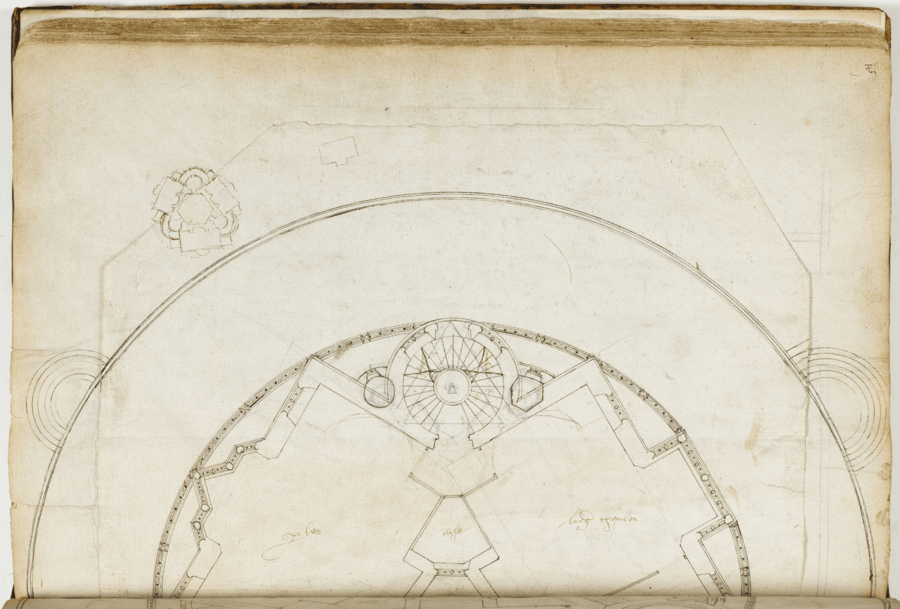 Architectural drawing on aged, off-white paper showing a circular building layout with a central dome-like feature and symmetrically arranged surrounding sections.