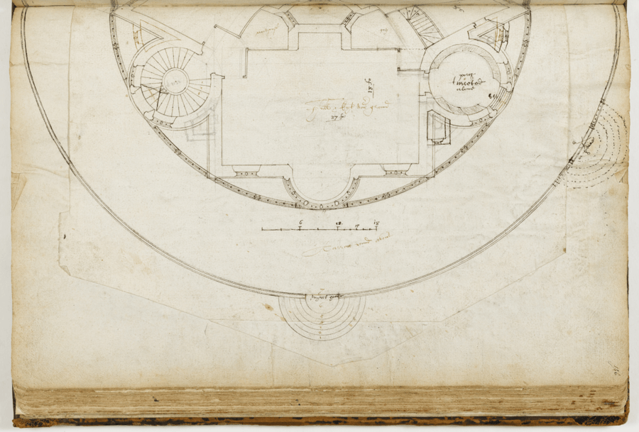 Architectural drawing on aged, off-white paper showing a circular building layout with a central dome-like feature and symmetrically arranged surrounding sections.