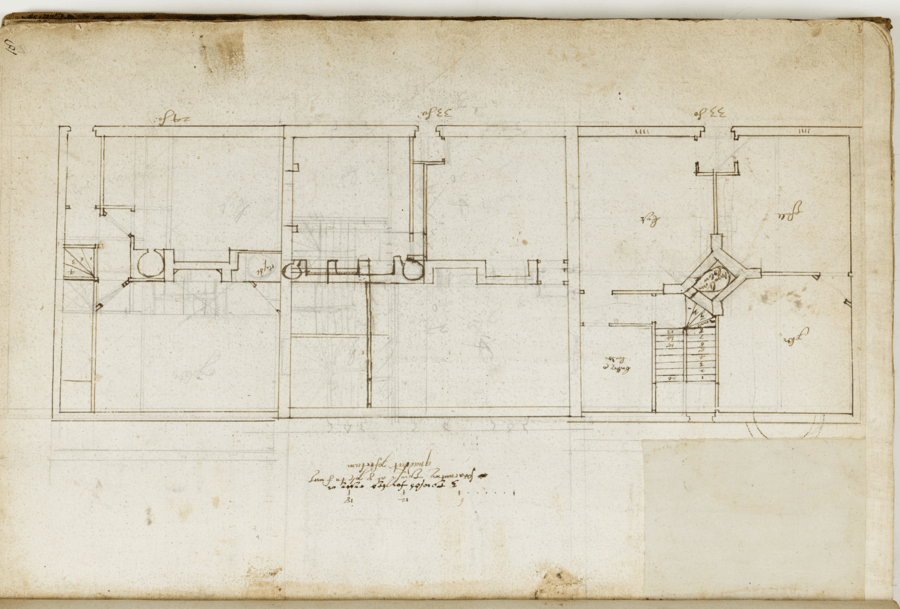 Architectural floor plan sketch on aged, off-white paper, showing various rooms, walls, doors, and staircases. Drawn in black ink with fine linework and annotated with handwritten measurements and notes, some of which are faint or partially illegible