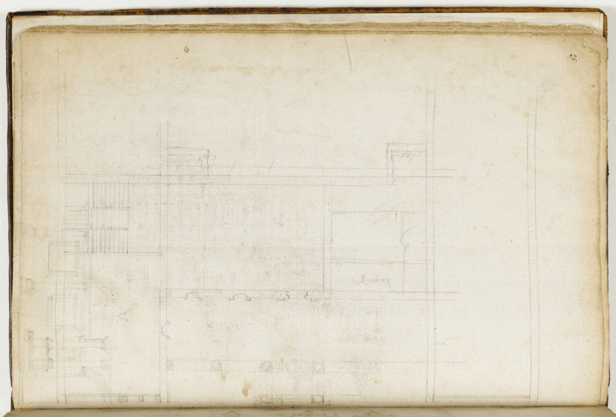 Multiple ornate building facades, drawn in pencil on aged paper, featuring spires, statues, and elaborate window designs