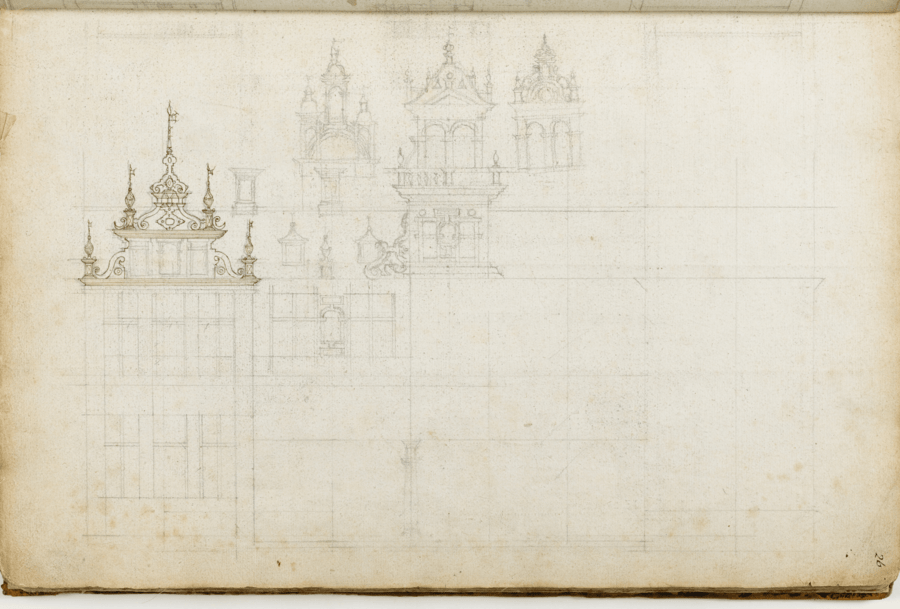 Unfinished drawing on paper, multiple ornate building facades, drawn in pencil on aged paper, featuring spires, statues, and elaborate window designs