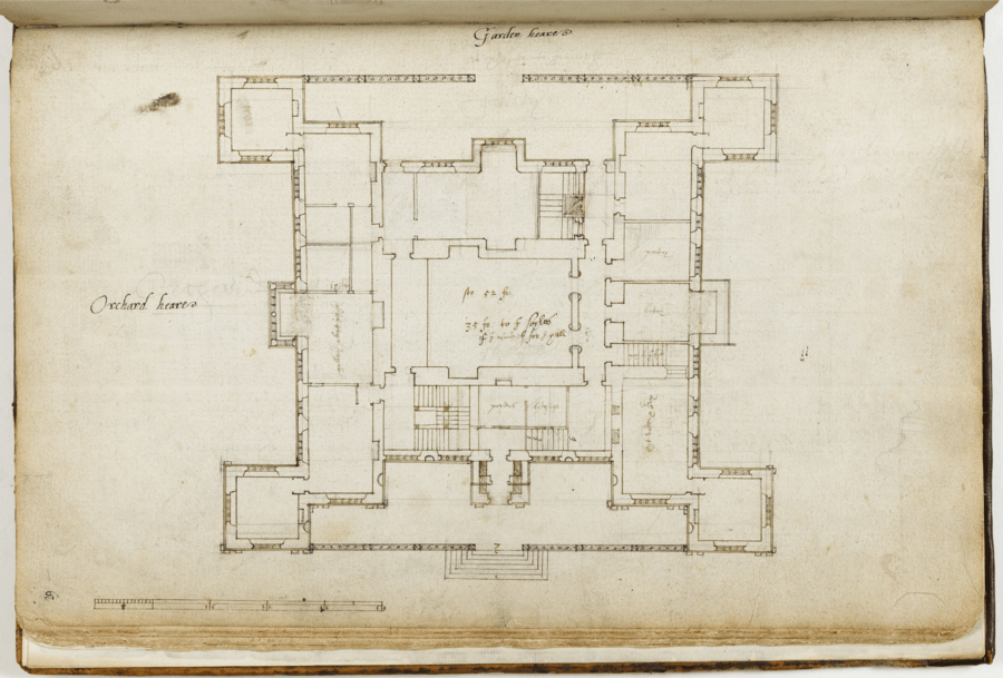 ink and pencil on paper, Architectural floor plan of a historic building with labeled sections including 'Garden house' and 'Orchard house', featuring handwritten notes and measurements indicating room dimensions and layout details
