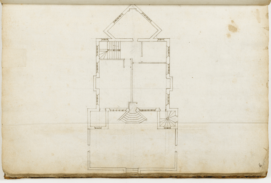 Architectural floor plan on aged, off-white paper showing a symmetrical layout of rooms around a central staircase. Drawn in black ink with fine linework, the plan includes walls, doors, and structural element