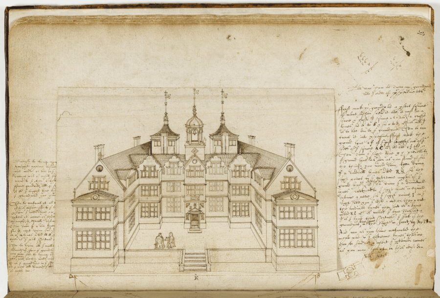 Architectural drawing of a large symmetrical building with gabled roofs, chimneys, and a central clock tower or cupola, featuring detailed windows, doors, and a staircase entrance, surrounded by handwritten annotations