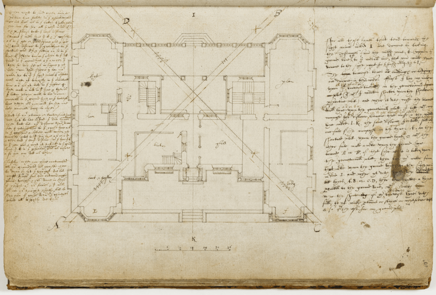 Architectural survey drawing of a large building surrounded by handwritten annotations