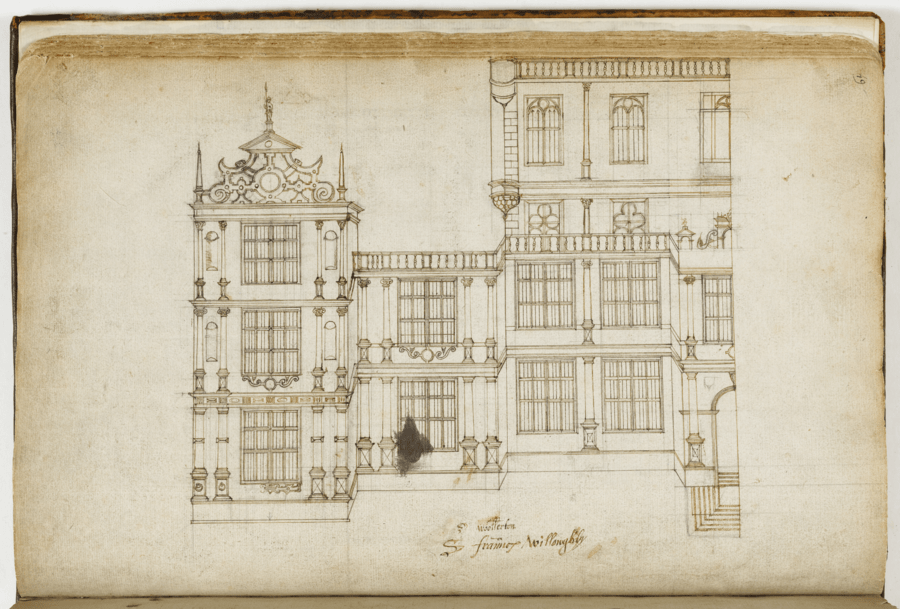 ink and pencil drawing on paper, Architectural drawing of a multi-story building with large windows, ornate facade details, and a prominent central section,