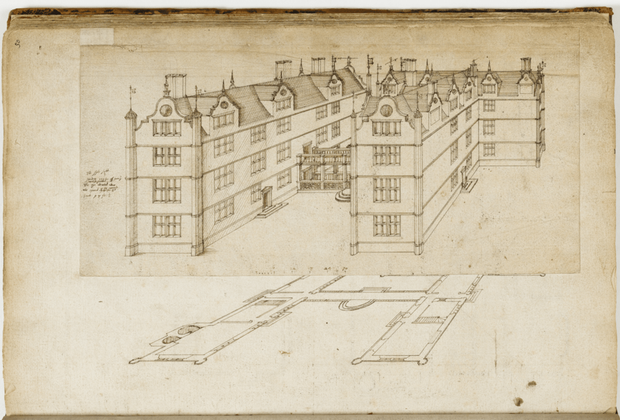 Architectural drawing on aged, off-white paper showing a three-dimensional front perspective of a large multi-story building with gabled roofs, chimneys, and windows.