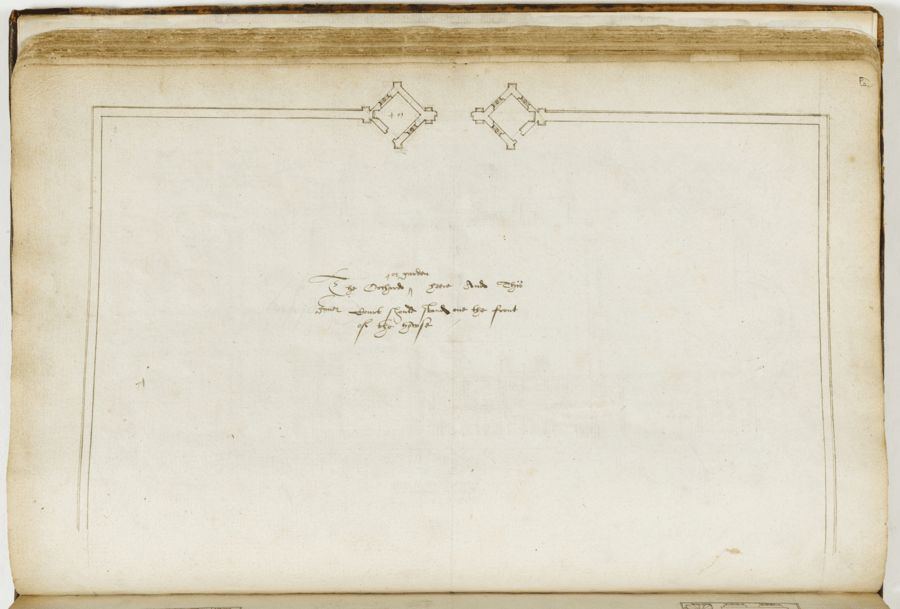 Brown ink, pencil, yellow wash and pencil on paper. Words in the centre of the page are written in ornate handwriting, surrounded by a square box.