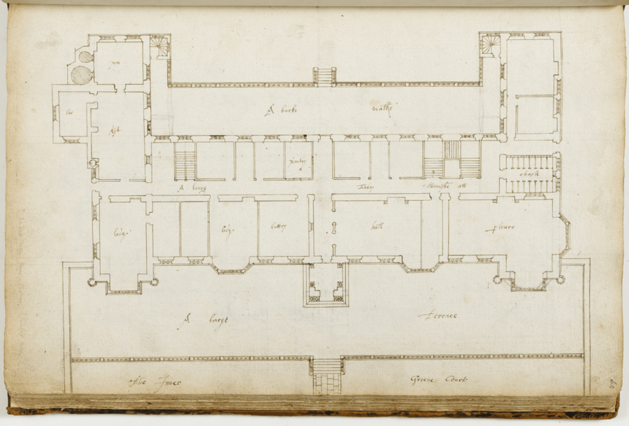 Ink on paper drawing of Architectural floor plan of a large historic building with labeled rooms featuring multiple sections and a central open space