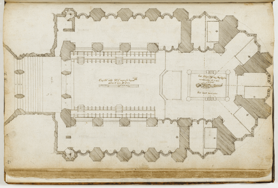 Ink, pencil, brown ink and yellow wash on paper. Architectural floor plan showing detailed room layouts, structural elements, and annotations related to the design