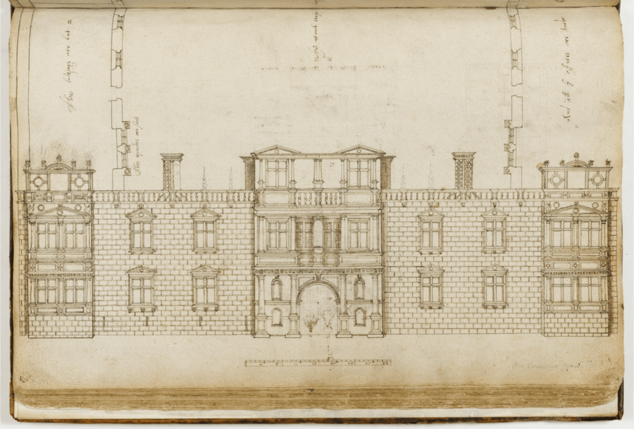 Architectural drawing of a large symmetrical building with a central ornate entrance and flanking wings, featuring detailed measurements and annotations