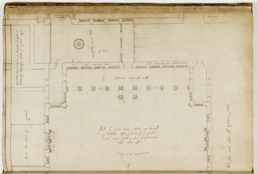 Brown ink on paper, Historic architectural floor plan featuring a large central room surrounded by smaller sections, annotated with handwritten notes and measurements