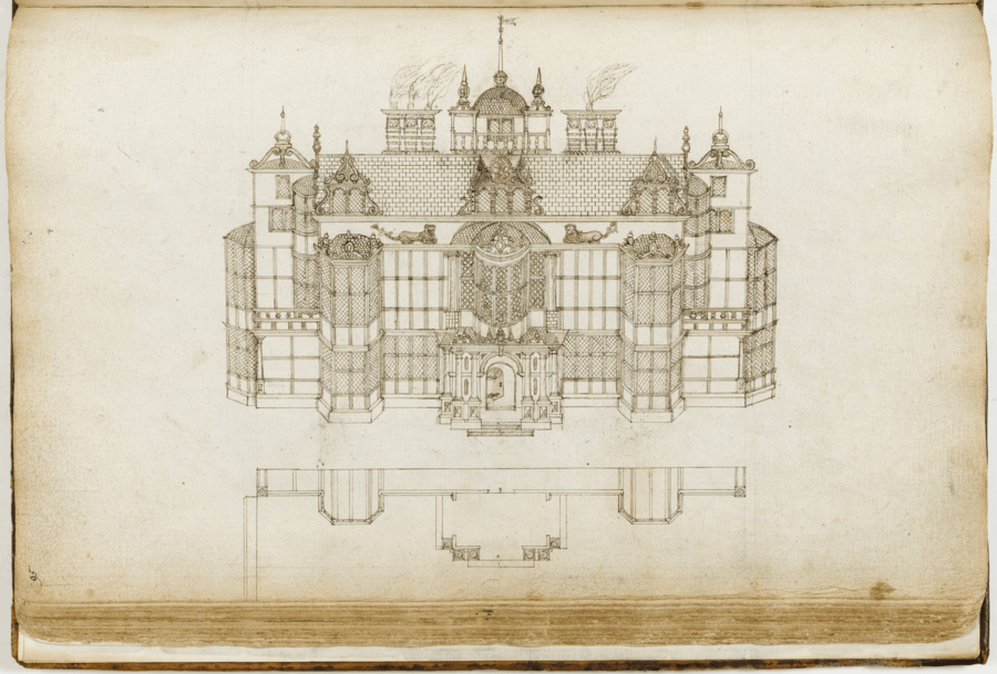 Architectural drawing on aged, off-white paper showing a detailed front elevation of an elaborate building with domes, spires, and ornate decorations. A partial floor plan is included at the bottom