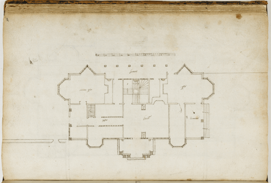 Architectural drawing on aged, off-white paper showing a detailed front elevation of an elaborate building with domes, spires, and ornate decorations. A partial floor plan is included at the bottom