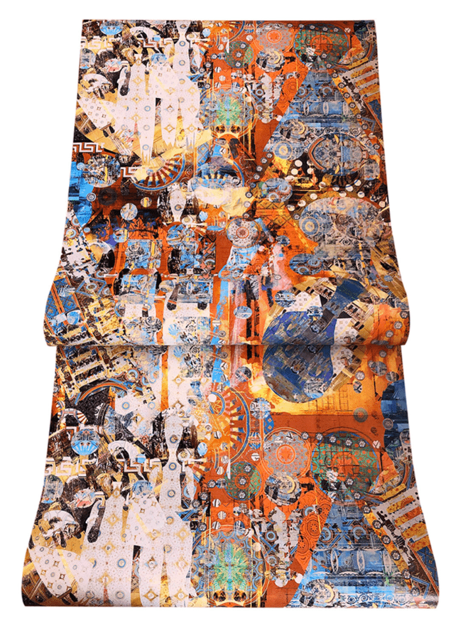 A piece of textile with vibrant, abstract patterns with dominant colors of blue, orange, and red, incorporating circular motifs and layered designs